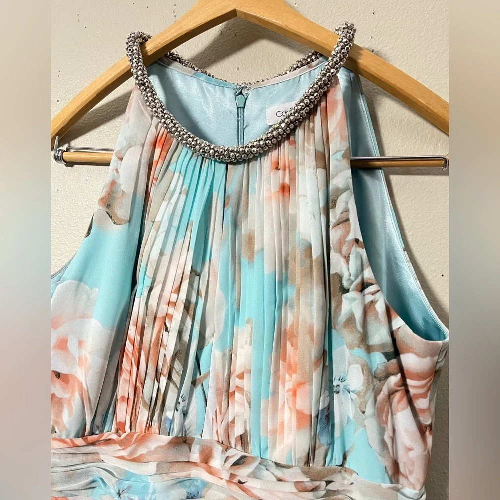 Calvin Klein Floral Maxi Long Flowy Beaded Neck Halter Party Wedding Dress Sz 12 - Picture 6 of 9